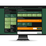 Mock-up of a green, black and orange software dashboard in on the screen of an iMac.