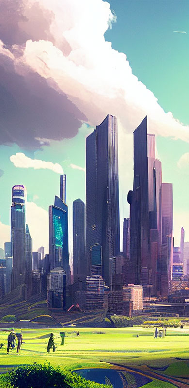 AI generated future city. Purple futuristic skyscrapers in the background. The foreground is a green meadow.