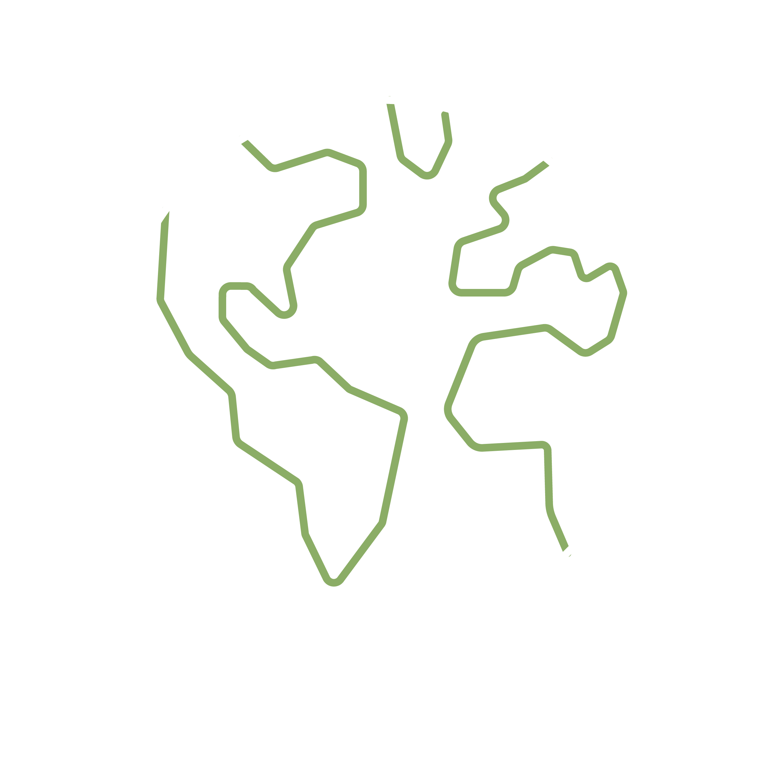 white and green icon line drawing of Earth.