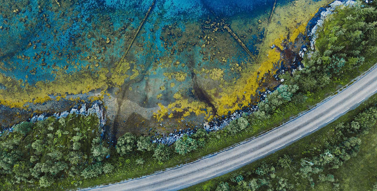 Birds-eye-view of a road next to a vibrant body of water coloured deep blue, aqua and yellow