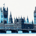 DALL·E 2023-10-25 11.10.17 - Illustration of the UK Houses of Parliament composed entirely of 0s and 1s in different tones of blue, emphasizing the iconic Big Ben and Westminster