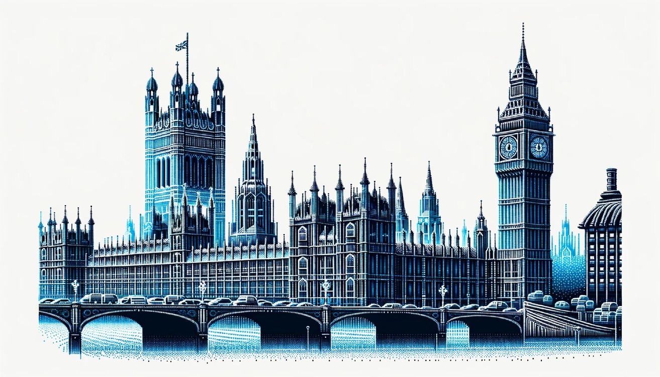DALL·E 2023-10-25 11.10.17 - Illustration of the UK Houses of Parliament composed entirely of 0s and 1s in different tones of blue, emphasizing the iconic Big Ben and Westminster