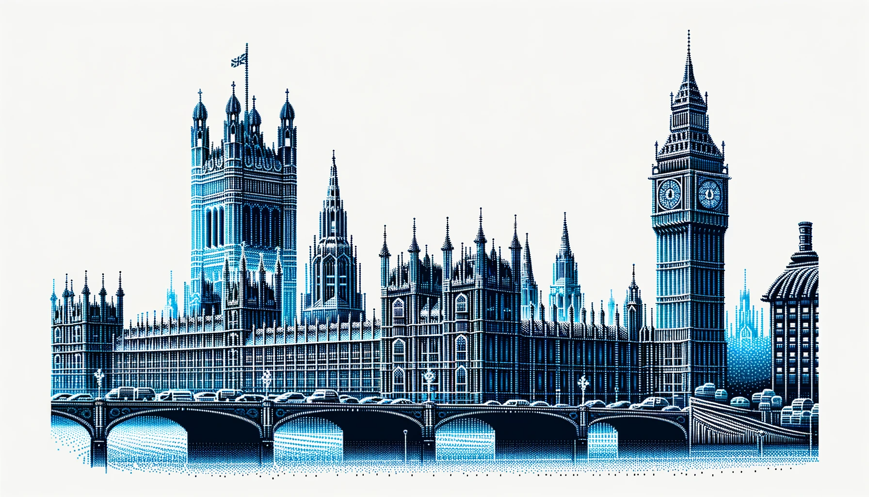 DALL·E 2023-10-25 11.10.17 - Illustration of the UK Houses of Parliament composed entirely of 0s and 1s in different tones of blue, emphasizing the iconic Big Ben and Westminster